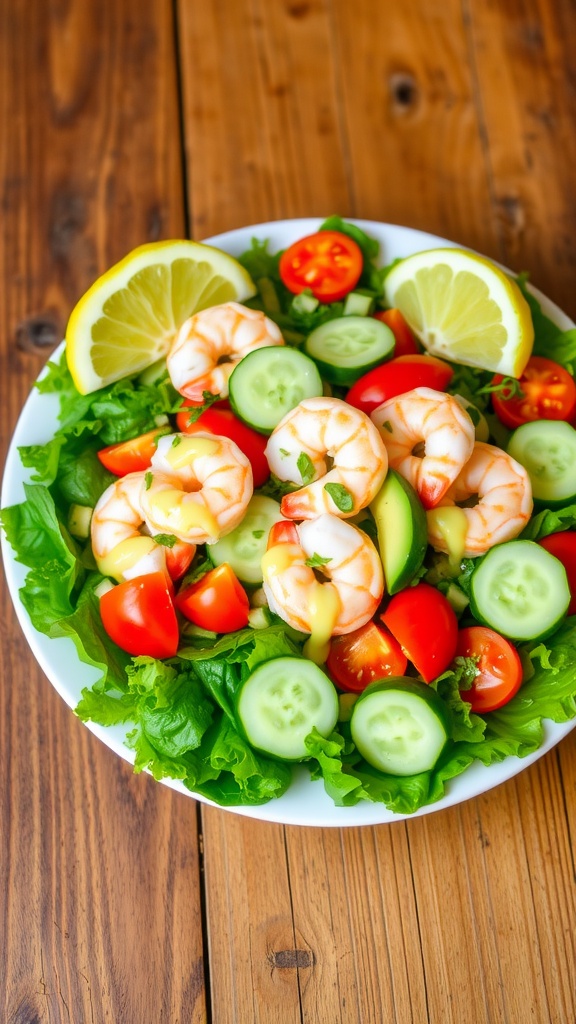 A colorful Shrimp Louie Salad with shrimp, greens, tomatoes, avocado, and lemon on a wooden table.